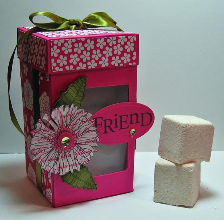 Inside I placed a glassine metal tie bag filled with bath fizzie cubes that I made from a recipe...