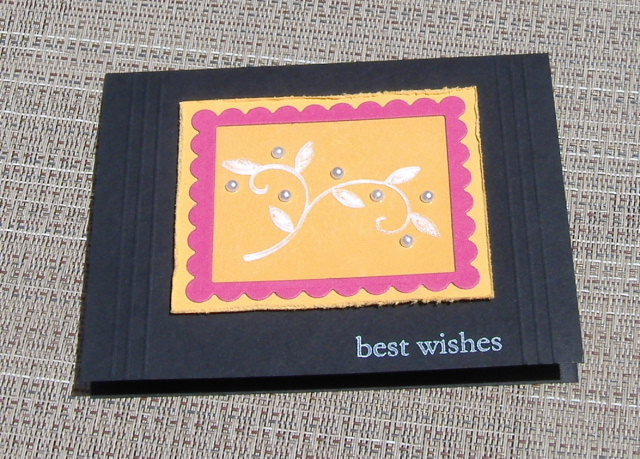 Stamps:  Beyond basic Borders<br />
Ink:  white Acrylic Paint<br />
Paper:  True Black, Summer...
