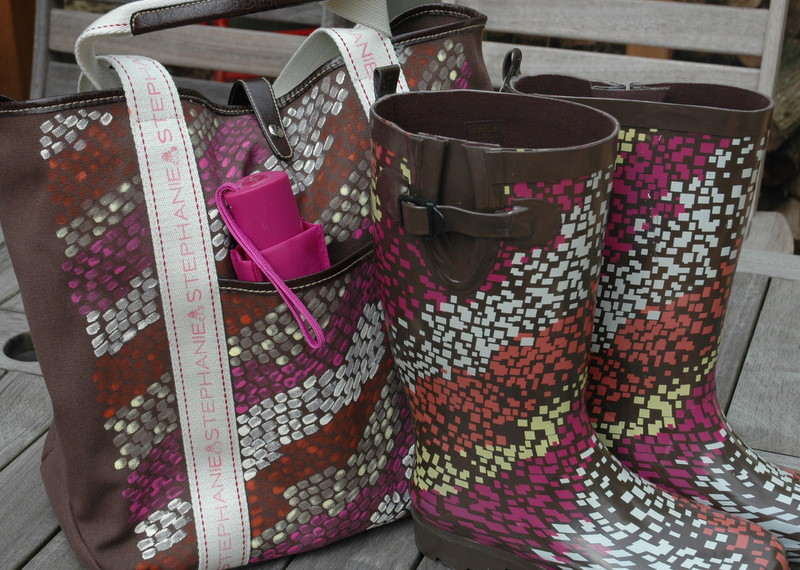 Rain boots and matching canvas bag.