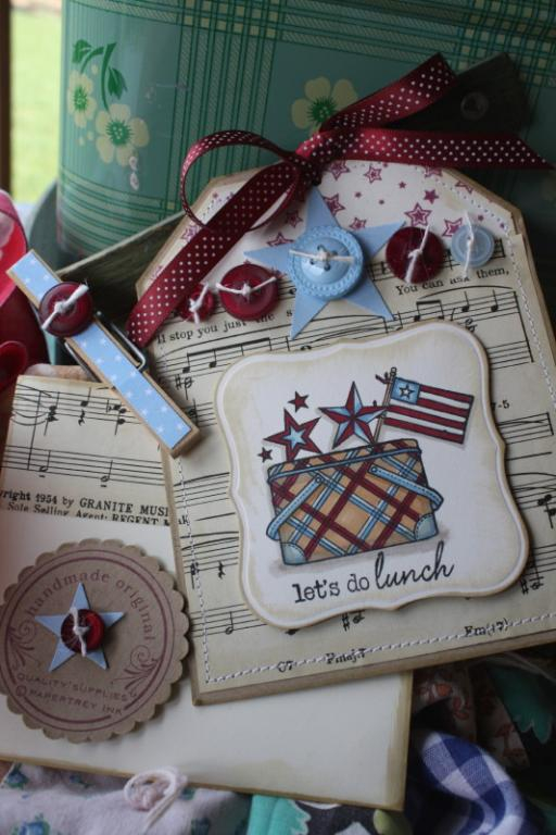stamps:  Vintage Picnic, Let Freedom Ring (stars)<br />
paper:  Kraft, vintage cream, old music...