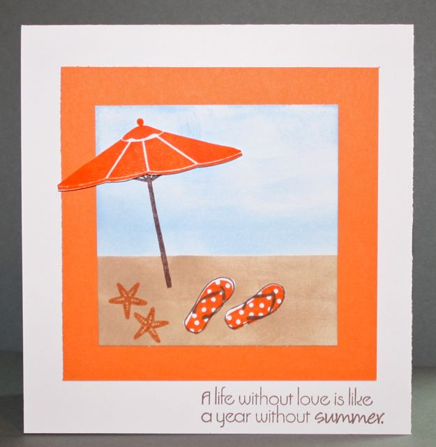 A Day at the Beach<br />
Cardstock- white, only orange<br />
Ink- bashful blue, creamy...