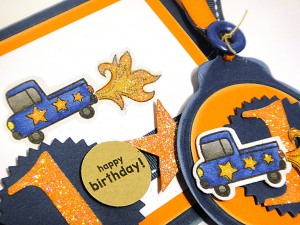 Flaming Truck Birthday Card & Tag - detail
