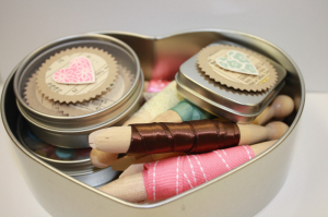 Tin Full of Heart Embellishments, Ribbon and Tin of Embroidery Floss
