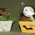 Super Scary Zucchini Bread!
stamps- Boo to You
ink- staz-on black, fresh snow
paper- only orange, basic black, white
accessories- ribbon, clear baggies, filler, popsicle sticks

I made these...