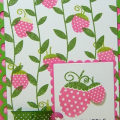 I used Hibiscus Burst and New Leaf as my colors. I used a punched edge- Fiskars Apron punch. I wondered if I should have a little more color contrast, so I did the tops of the baby strawberries in...