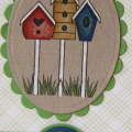 New Home card using Bird Watching - colours are Enchanted Evening and New Leaf. I stamped Background Basics Retro in Spring Moss for the background paper. Image coloured with Copics and white gel pen