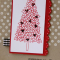 Christmas card using the Believe Set - tree stamped in Pure Poppy, and Polka Dot Basics stamped in Fresh snow on Kraft for the background.