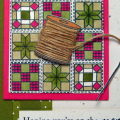 I wanted to do something different with the spool so I wrapped twine around it. I colored the quilt blocks with copics--I used copic colors from the rasperry fizz, spring moss and ripe avocado...