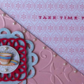 Soft blush and Aqua Mist set a tone of gentle warmth and good cheer.  The Raspberry Fizz for the focus of the embellishment and greeting add an intensity of good cheer.  Designed with a get well...