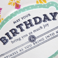 Supplies

Stamps: Round Repeats, Stylish Sentiments: Birthday
Ink: raspberry fizz, summer sunrise, true black
Cardstock: rustic white
Patterned Paper: aqua mist
Dies: Mat Stack 6