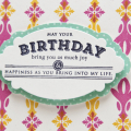 Supplies

Stamps: Round Repeats, Stylish Sentiments: Birthday
Ink: raspberry fizz, summer sunrise, true black
Cardstock: rustic white
Patterned Paper: aqua mist
Dies: Mat Stack 6
