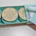 Winter Candle Box - open
Tealights have silver stamped snowflake image (frrom Rustic Snowflakes) on them and are wrapped with Aqua Mist twill