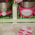 PTI stamps:  Beautiful Blooms, Limitless Labels, Just Hatched, Polka Dot Basics, Simple Alphabet.  Colors are Raspberry Fizz and some green from SU!  I painted the wood basket white and then added...